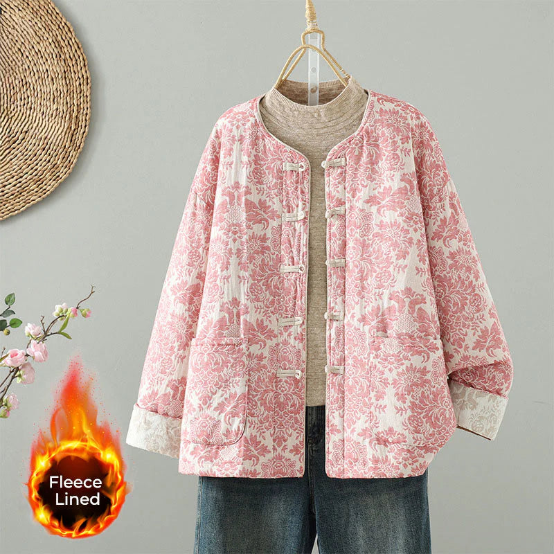 Buddha Stones Women's Peony Flowers Frog-Button Design Long Sleeve Thermal Jacket With Pockets