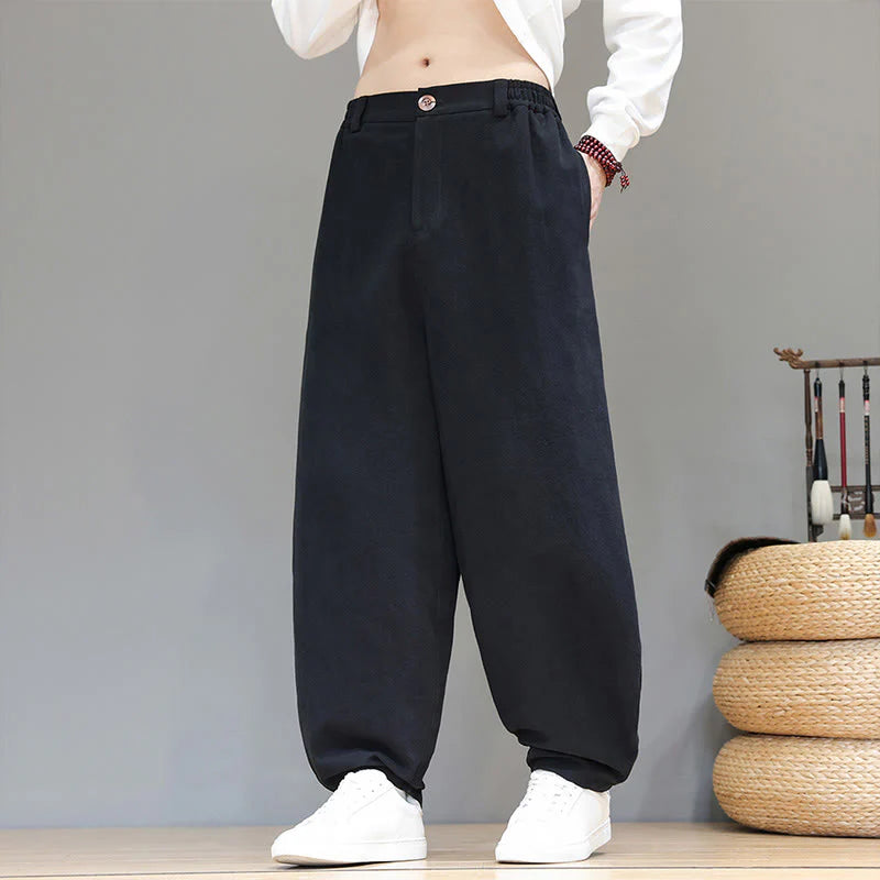 Buddha Stones Fall Sports Men's Pure Color Button Design Cotton Pants With Pockets
