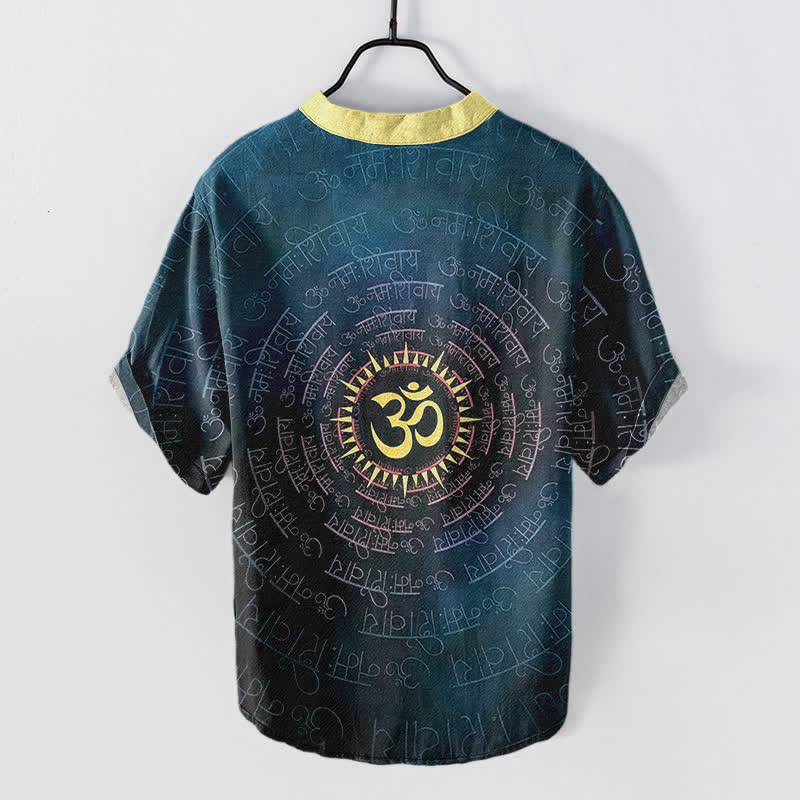 Buddha Stones Cotton Om Mantra Emblem Men's Short Sleeve Half Button Shirt