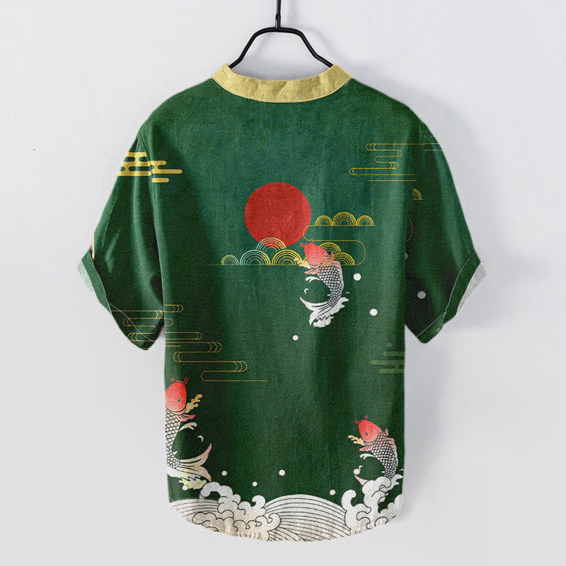Buddha Stones Cotton Koi Fish Red Sun Cloud Emblem Men's Short Sleeve Half Button Shirt