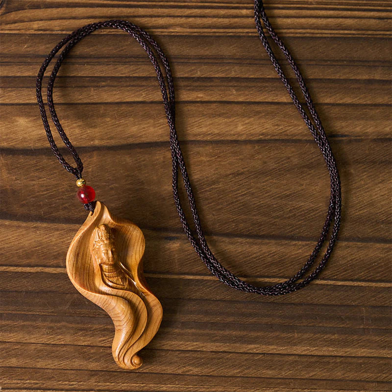 Buddha Stones Guanyin Kwan Yin Avalokiteśvara Lotus Leaf Platycladus Orientalis Wood Wealth Necklace Pendant