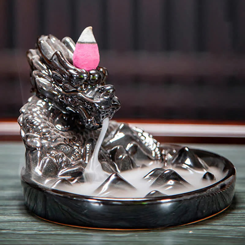Dragon Pattern Ceramic Backflow Smoke Fountain Incense Burner Decoration (Extra 35% Off | USE CODE: FS35)