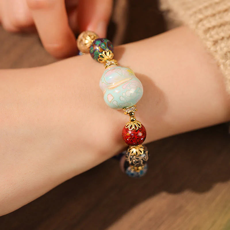 Buddha Stones Colorful Liuli Glass Sandalwood Gourd Bead Lacquer Craft Bracelet