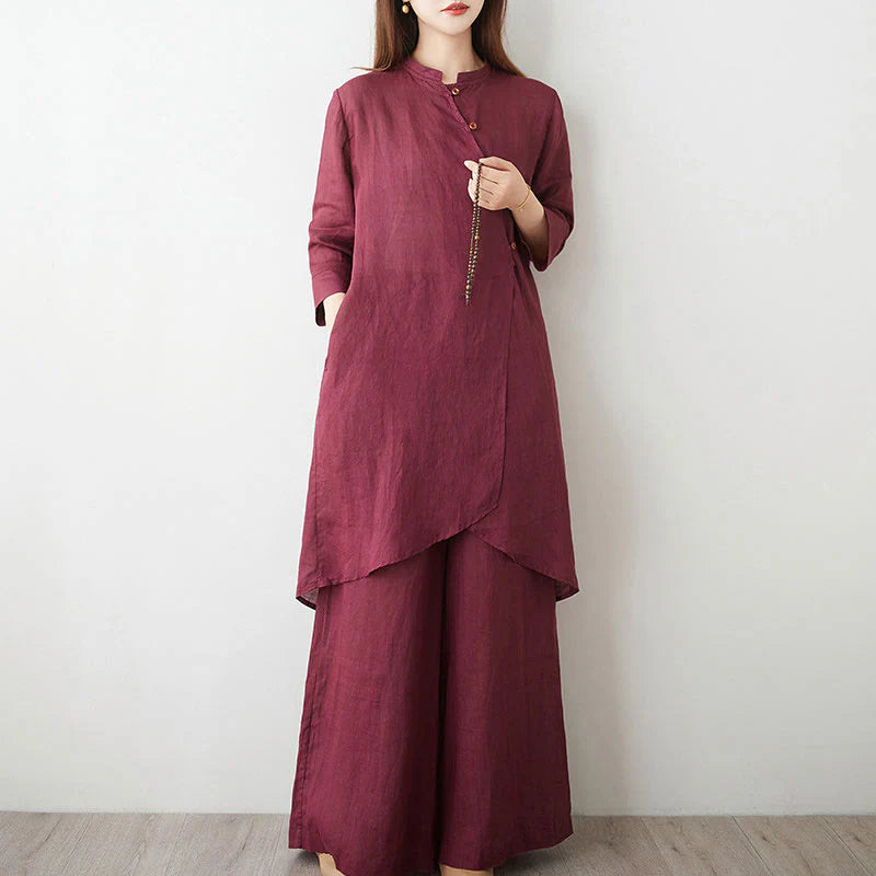 Buddha Stones Casual 2pcs Plain Three Quarter Sleeve Slanted Collar Shirt Top Wide Leg Pants With Pockets Meditation Zen Tai Chi Clothing Women's Set