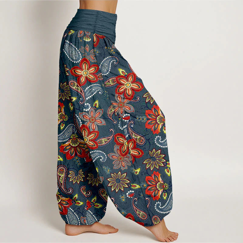 Buddha Stones Women's Elastic Waist Paisley Floral Pattern Pure Cotton Harem Pants
