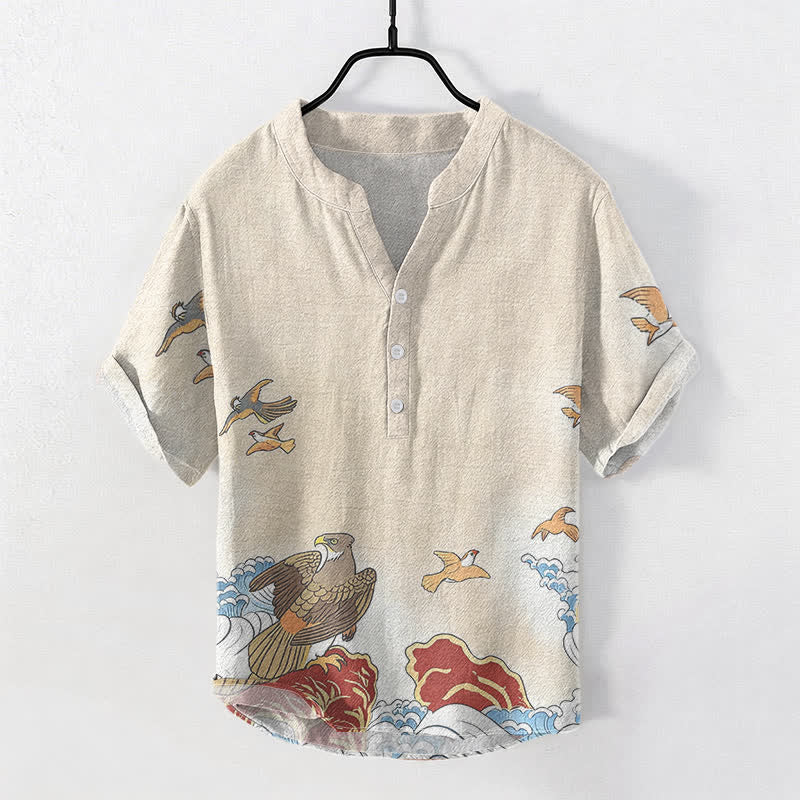 Buddha Stones Cotton Ocean Bird Wave Rock Print Men's Short Sleeve Half Button Shirt