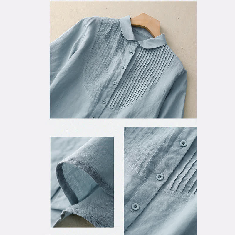 Buddha Stones Spring Pleated Pintuck Peter Pan Collar Half Sleeve Women's Shirt