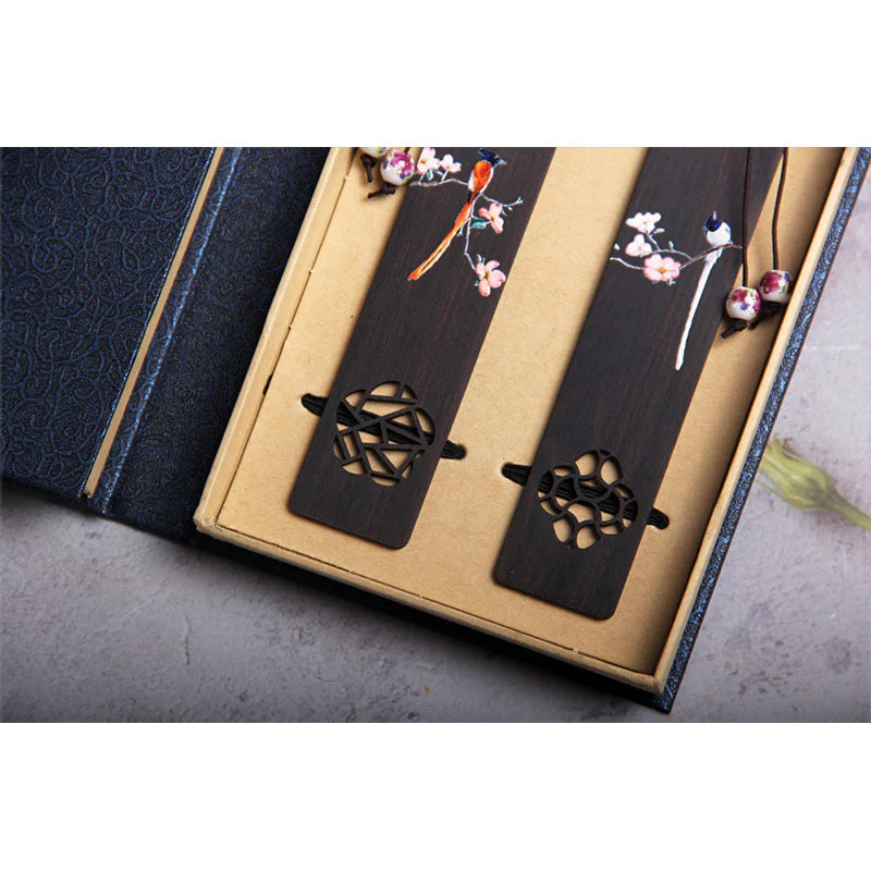 Buddha Stones Oriole Bird Flower Ebony Wood Bookmarks With Gift Box