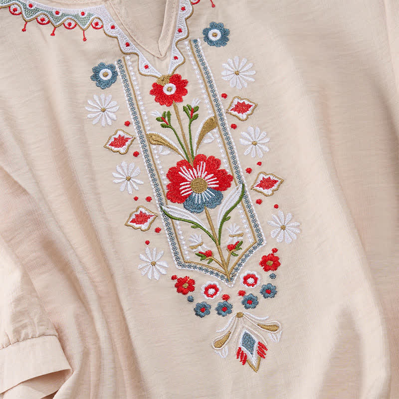 Buddha Stones Spring Boho Embroidered Cotton Linen Elbow-Length Sleeve Women's T-Shirts