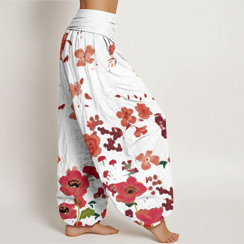 Buddha Stones Cotton Red Flowers Common Poppy Design Women's Elastic Waist Harem Pants