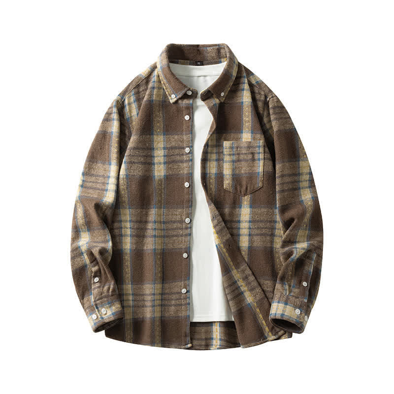 Buddha Stones Commute Multicolor Plaid Button Men's Cotton Long Sleeve Shirts With Pocket