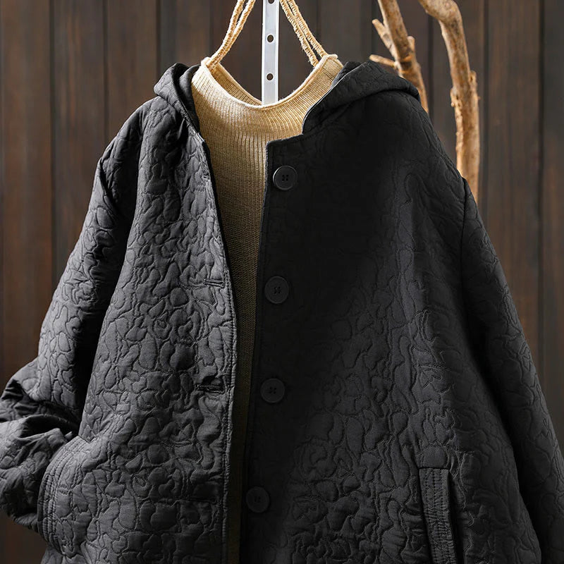 Buddha Stones Fall Buttons Long Sleeve Mid-length Jacquard Cotton Women's Jacket With Pockets