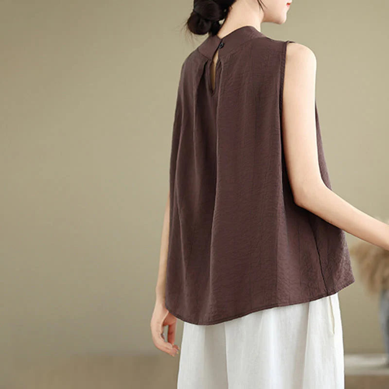 Buddha Stones Casual Plain Back Buttom Design Stand Collar Cotton Linen Women's Sleeveless Vest
