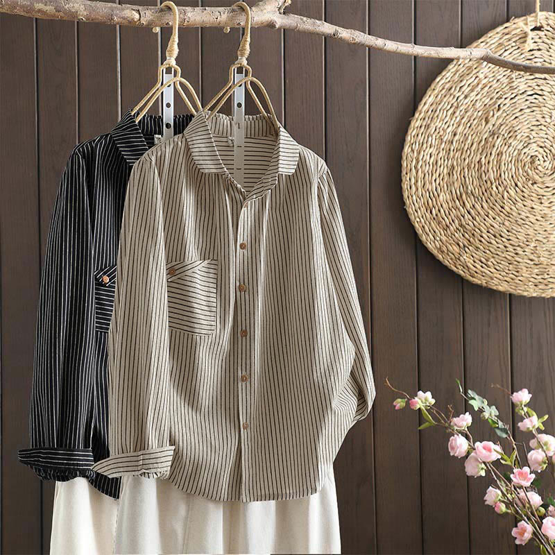 Buddha Stones Fall Stripe Stand Collar Buttons Women's Long Sleeve Shirt With Pocket