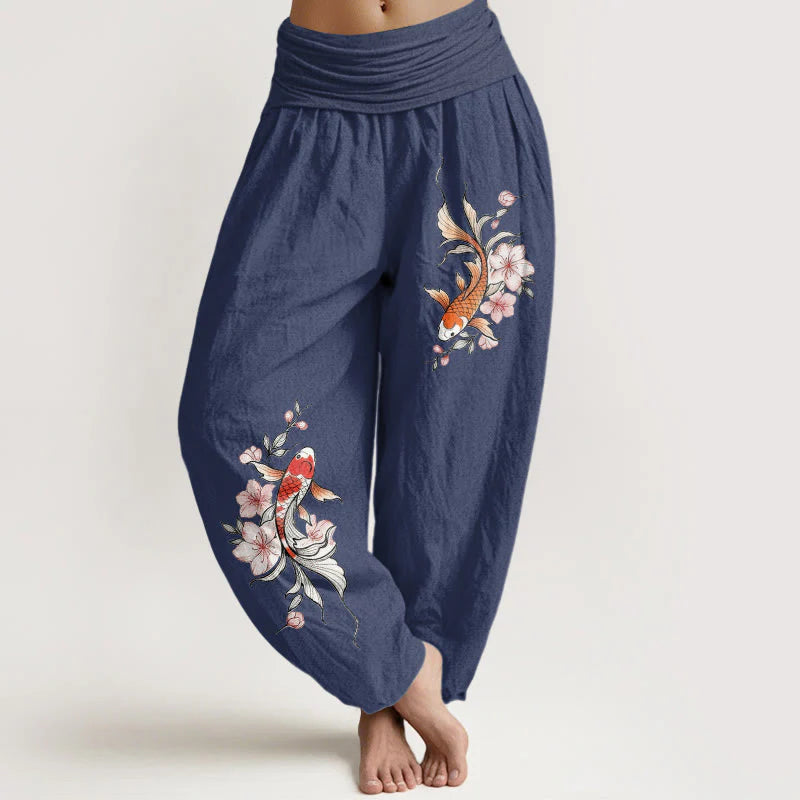 Buddha Stones Cotton Koi Fish Pink Peach Blossoms Pattern Women's Elastic Waist Harem Pants