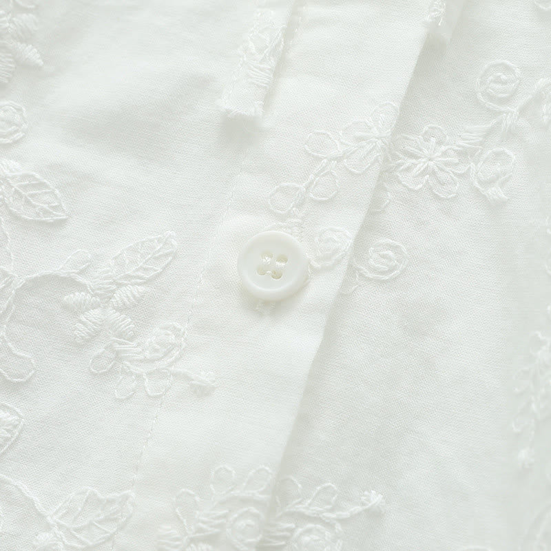 Buddha Stones Fall White Floral Embroidery Peter Pan Collar Buttons Women's Cotton Long Sleeve Shirt
