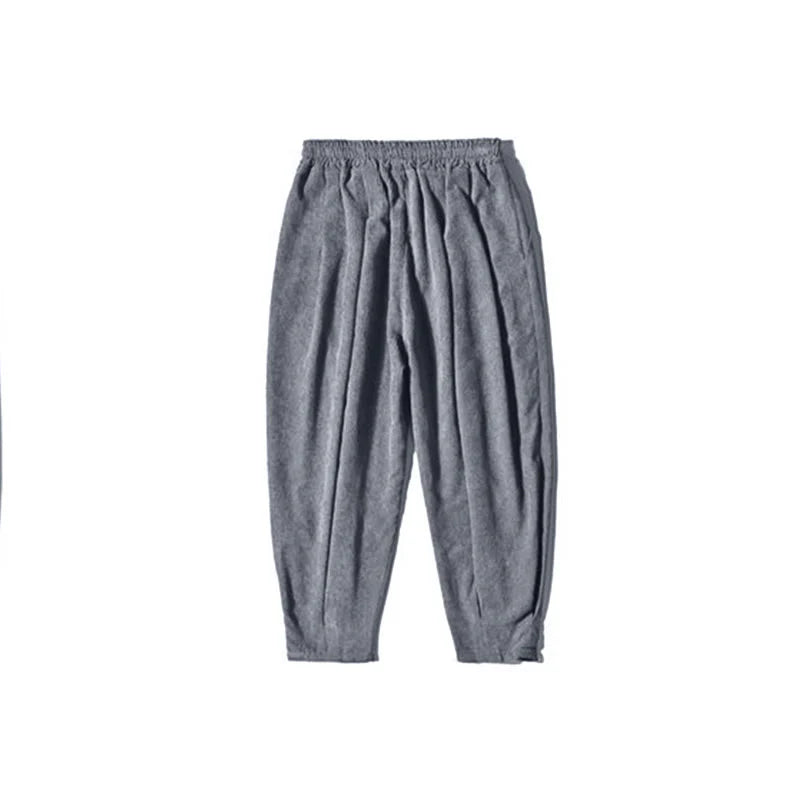 Buddha Stones Retro Men's Plain Fleece-Lined Corduroy Simple Design Harem Pants With Pockets