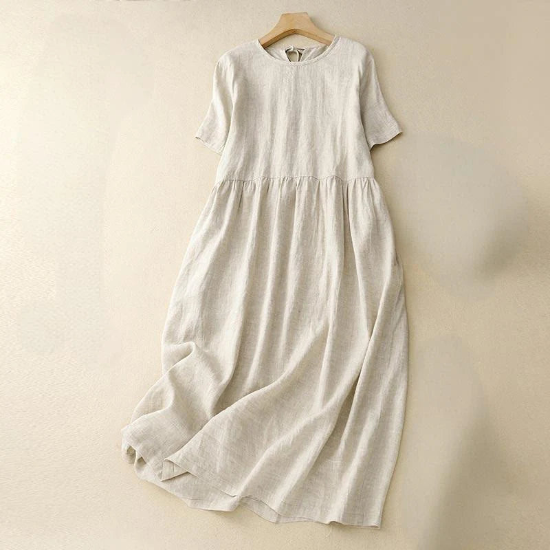 Buddha Stones Casual Short Sleeve Bowknot Tie Straps Women's Midi Dress With Pockets