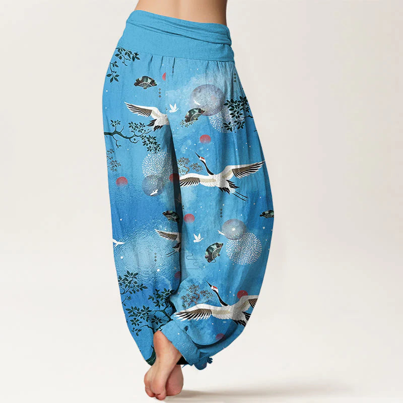 Buddha Stones Cotton Traditional Crane Pine Tree Bird Fan Sun Pattern Women's Elastic Waist Harem Pants