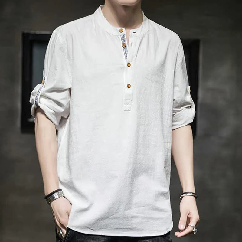 Buddha Stones Summer Solid Men's Half Buttons Half Sleeve Linen Shirt