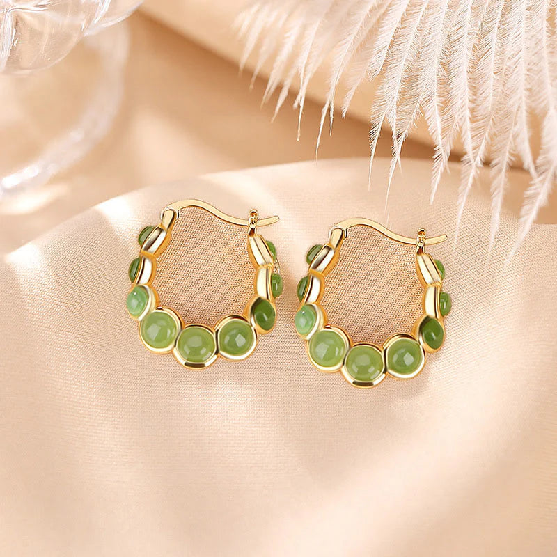 Buddha Stones 925 Sterling Silver Plated Gold Hetian Cyan Jade Pea Ear Clip Prosperity Earrings  (Extra 30% Off | USE CODE: FS30)