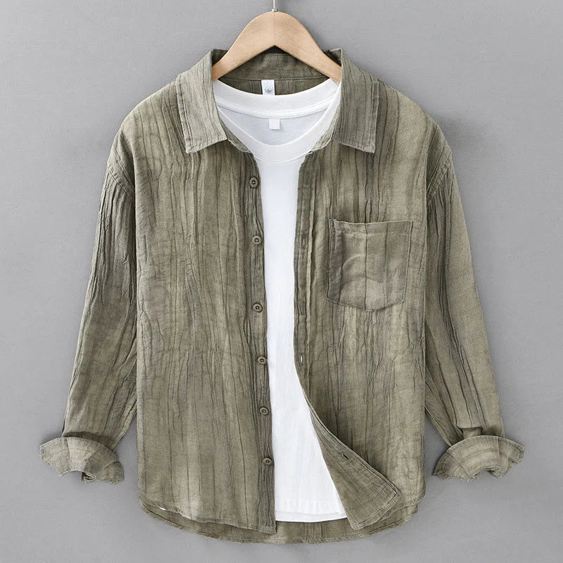 Buddha Stones Solid Long Sleeve Stand Collar Wrinkles Button Down Ramie Linen Men's Shirts