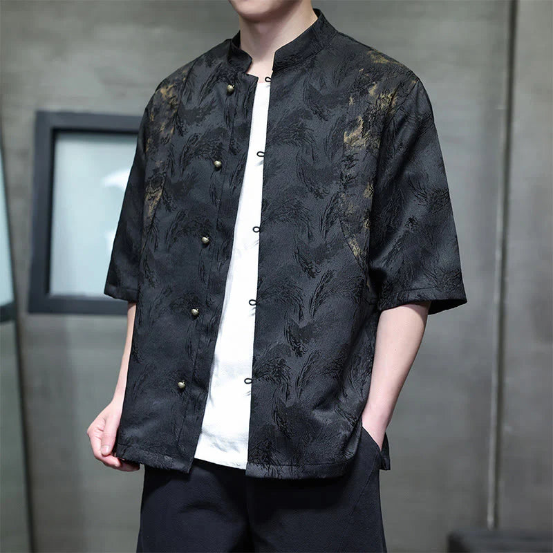 Buddha Stones Textured Jacquard Bagua Pattern Button Tang Suit Men's Half Sleeve Cotton Shirt