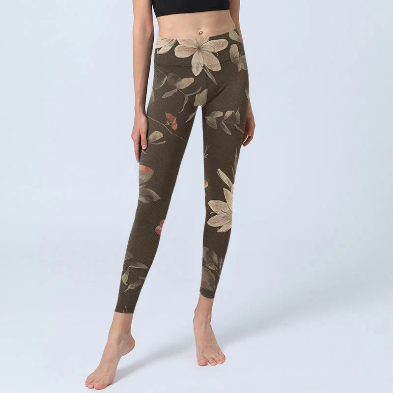Buddha Stones Purple White Flowers Leaves Blossom Print Gym Fitness Leggings Women's Yoga Pants