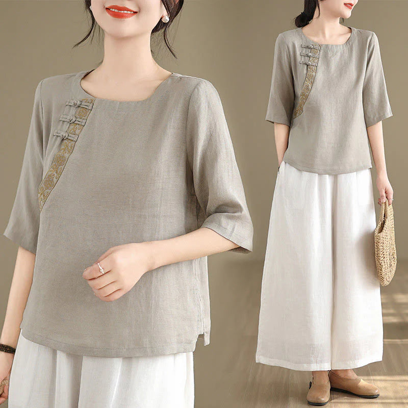 Buddha Stones Casual Women's Embroidered Flower Pattern Frog-Button Crew Neck Design Half Sleeve Cotton Linen Shirt