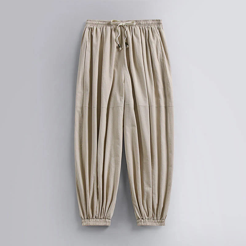Buddha Stones Plain Drawstring Tapered Ankle-Length Men's Cotton Linen Pants With Pockets