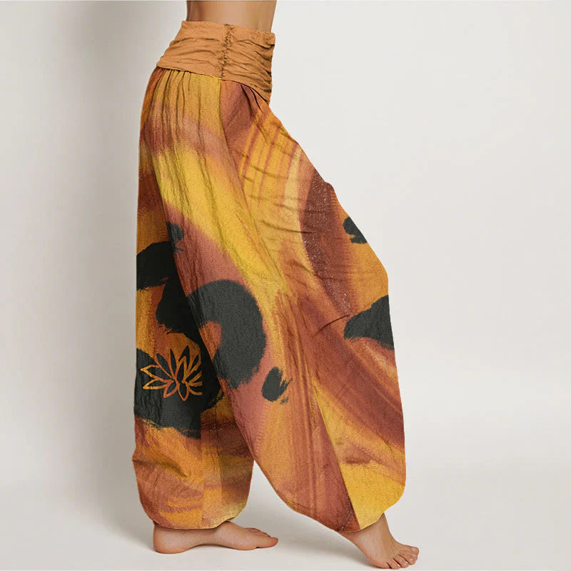Buddha Stones Cotton OM Symbol Lotus Flower Pattern Women's Elastic Waist Harem Pants