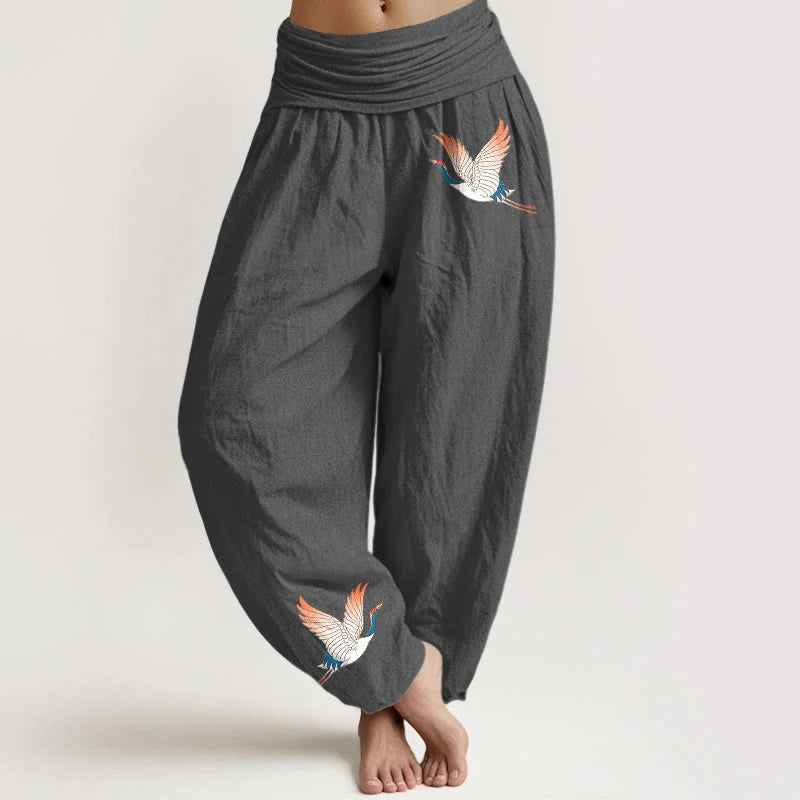 Buddha Stones Two Graceful Cranes Pattern Pure Cotton Women's Elastic Waist Harem Pants