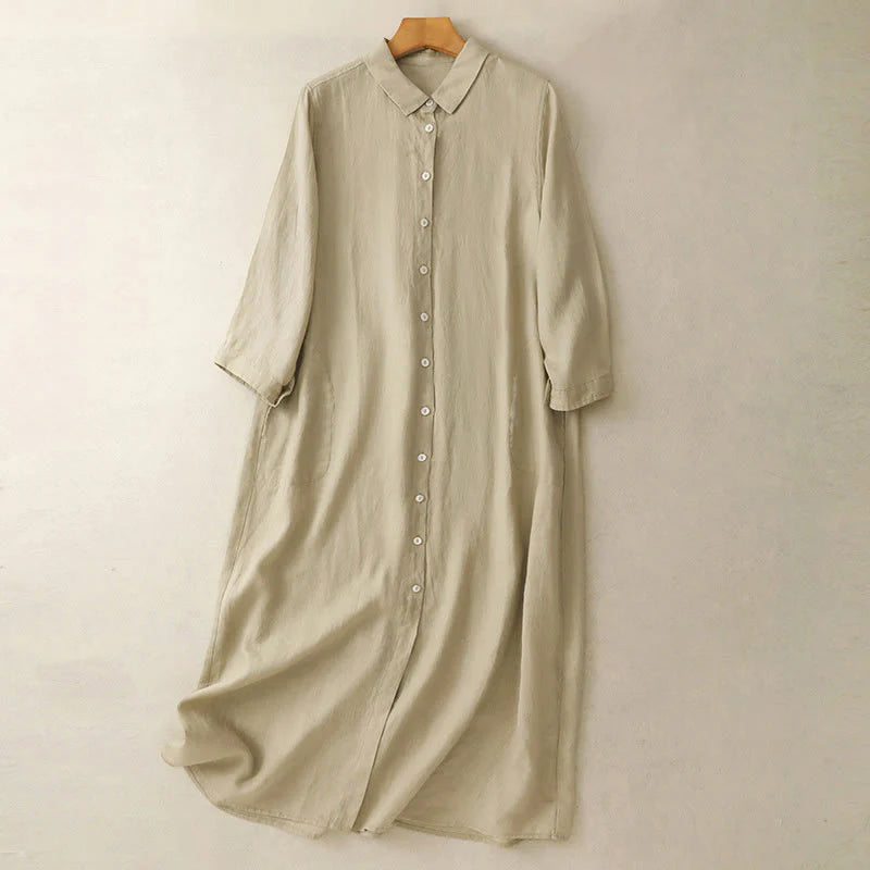 Buddha Stones Fall Commute Plain Buttons Design Long Sleeve Cotton Midi Dress With Pockets