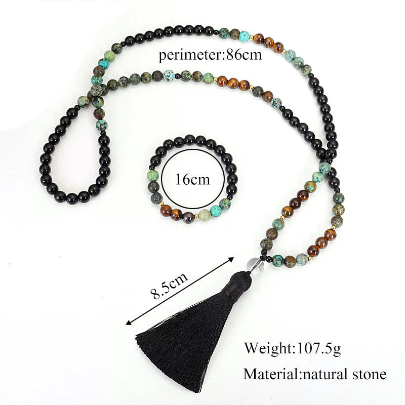 Buddha Stones 108 Mala Beads Natural Stone Tiger Eye Turquoise Protection Strength Bracelet Necklace