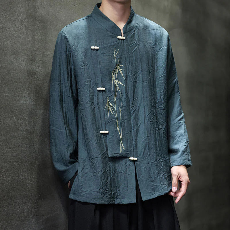 Buddha Stones Fall Solid Color Bamboo Leaf Embroidery Men's Long Sleeve Cotton Linen Shirt