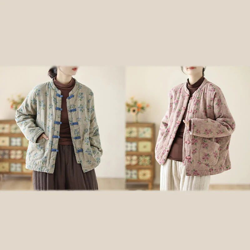 Buddha Stones Women's Long Sleeve Thermal Cotton Printed Florwer Pattern Jacket With Pockets