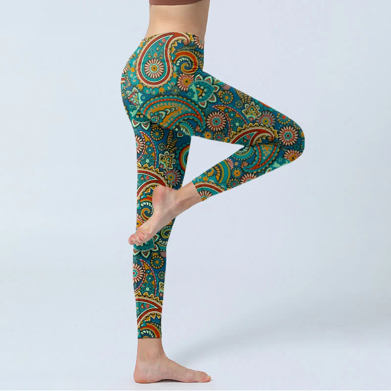 Buddha Stones Retro Paisley Pattern Print Gym Leggings Women's Yoga Pants