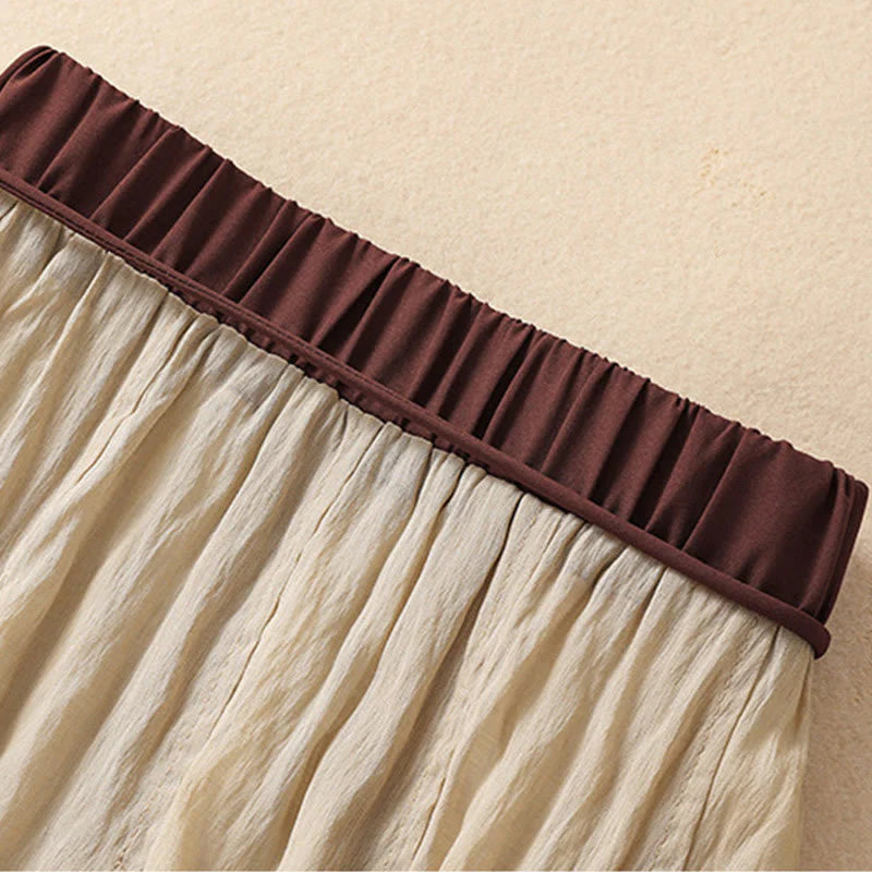 Buddha Stones Casual Contrasting Color Pleated Lace-Up Design Women's Cotton Linen 7-8 Length Skirt