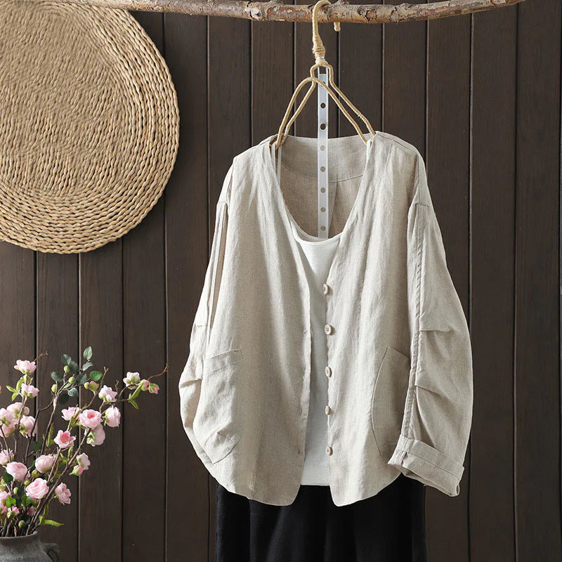 Buddha Stones Pure Color V-neck Women's Cotton Jacket With Pockets
