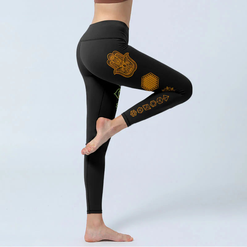 Buddha Stones Hamsa Flower Of Life Platonic Solids Chakra Pattern Gym Leggings Women's Yoga Pants