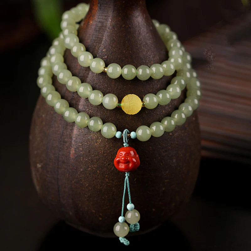 Buddha Stones Jade Red Agate Amber Laughing Buddha Prosperity Bracelet