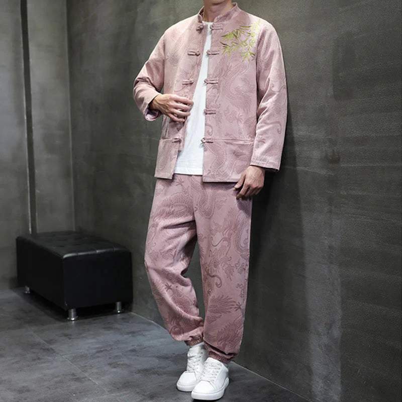 Buddha Stones 2Pcs Spring Dragon Bamboo Clouds Men's Tang Suit Frog-Button Cotton Long Sleeve Jacket Pants Set With Pockets