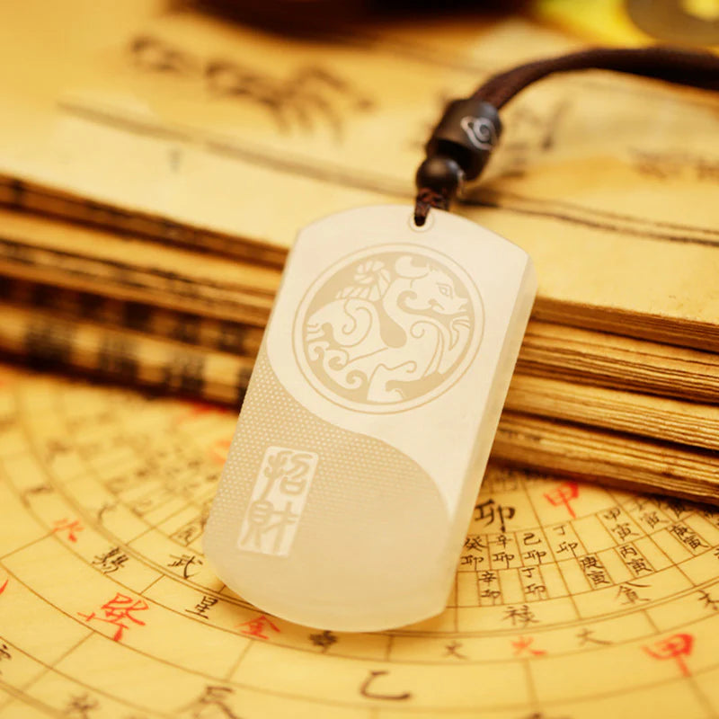Buddha Stones White Jade PiXiu Yin Yang Luck Protection Necklace Pendant