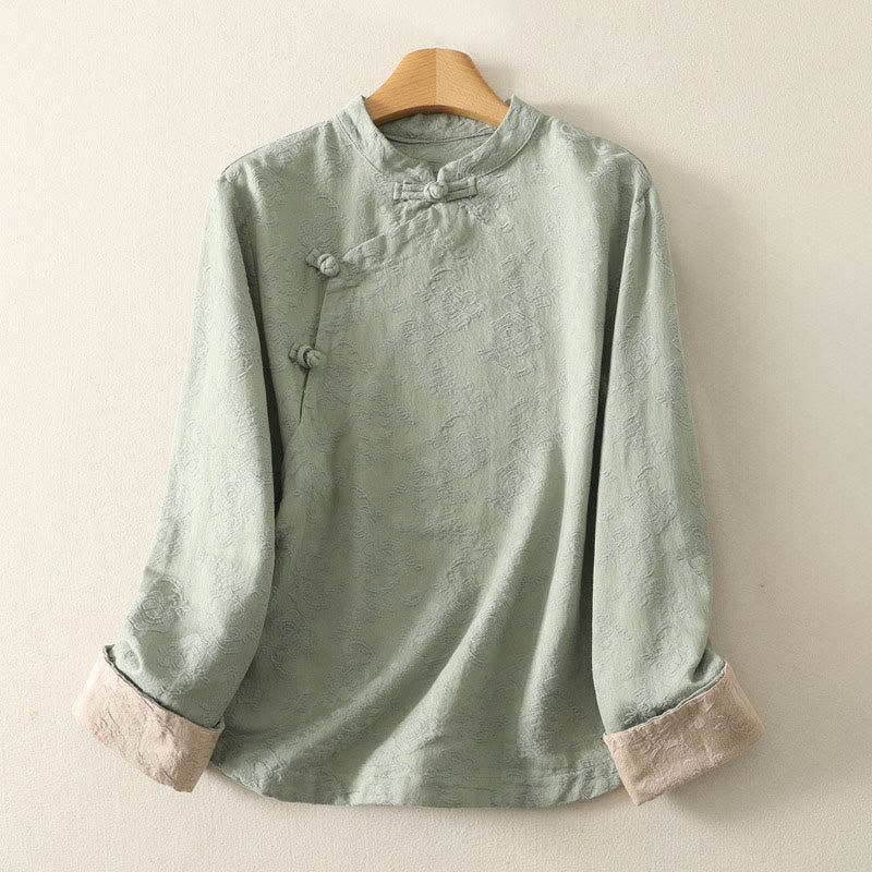 Buddha Stones Spring Plain Jacquard Design Women's Cotton Zen Long Sleeve Shirt