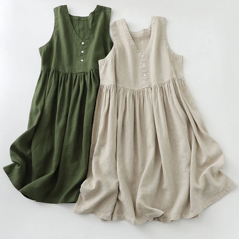 Buddha Stones Daily Casual Pure Color V-Neck Simple Buttons Design Sleeveless Midi Dress