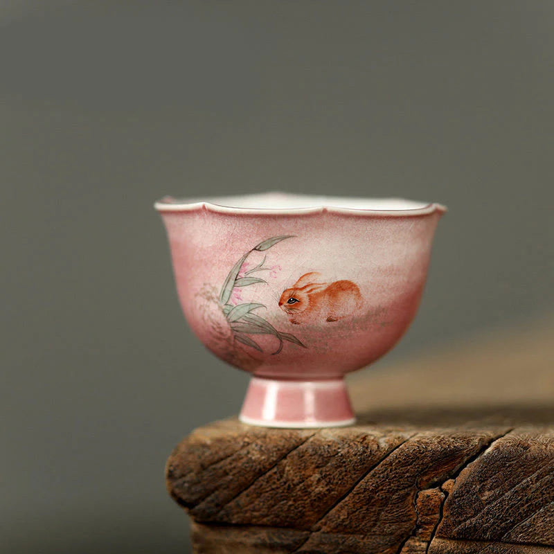 Buddha Stones Hand-painted Rabbit Orchid Flower Begonia Ceramic Teacup Kung Fu Tea Cup 75ml