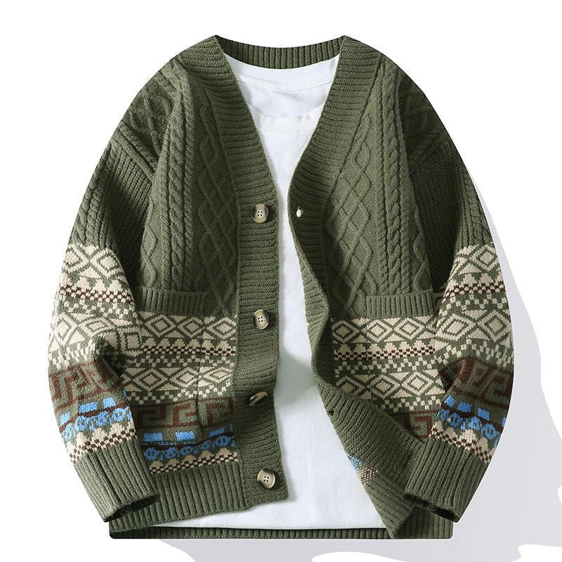 Buddha Stones Jacquard Ethnic Long Sleeve Men's Knitted Sweater With Pockets