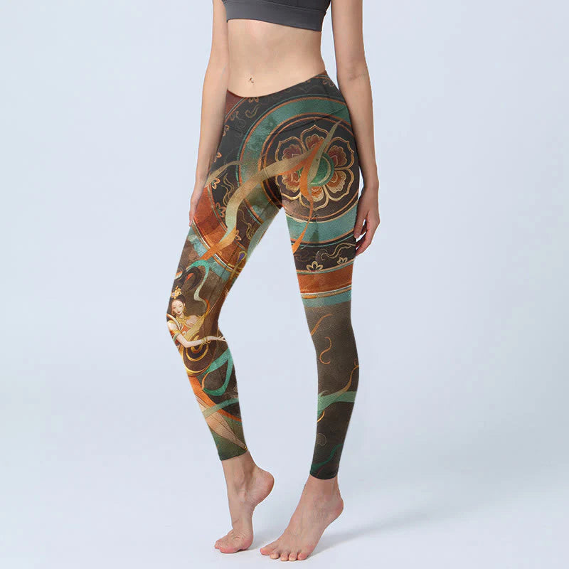 Buddha Stones Colorful Fairy Lute Ribbon Flower Circle Pattern Print Gym Leggings Women's Yoga Pants