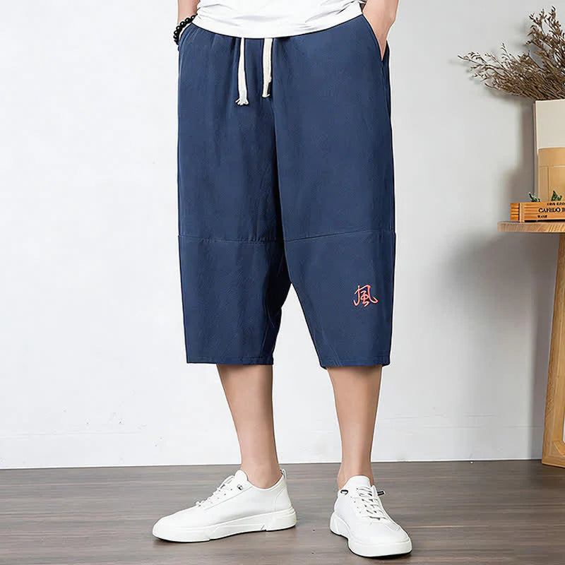 Buddha Stones Plain Drawstring Capri Length Men's Cotton Linen Harem Pants With Pockets