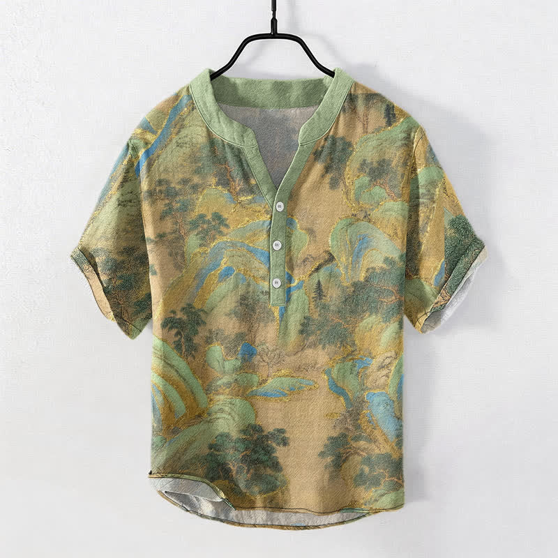 Buddha Stones Cotton Mountain Emblem Men's Short Sleeve Half Button Shirt